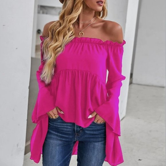 . Tops - Contemporary Off-shoulder High Low Blouse PINK